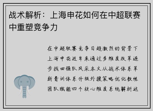 战术解析：上海申花如何在中超联赛中重塑竞争力